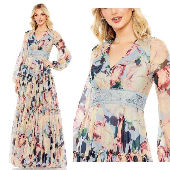 Mac Duggal NEW Floral Puff‎ Sleeve Embroidered Waist Dress Blue Multi - Size 22 - Picture 1 of 16